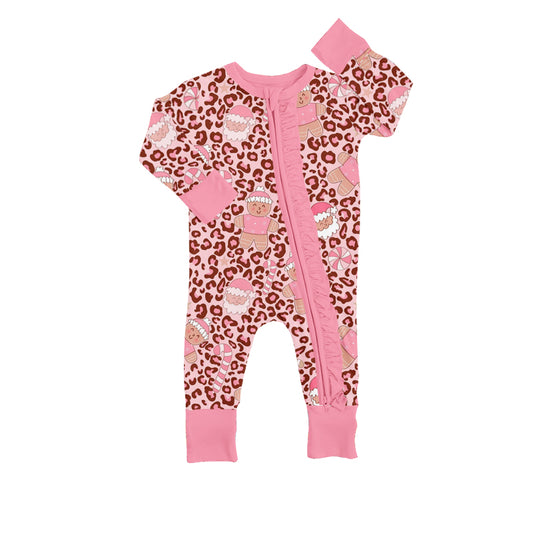 LR0566 pink leopard Christmas Santa western zip up long sleeve girl romper 20230722 preorder