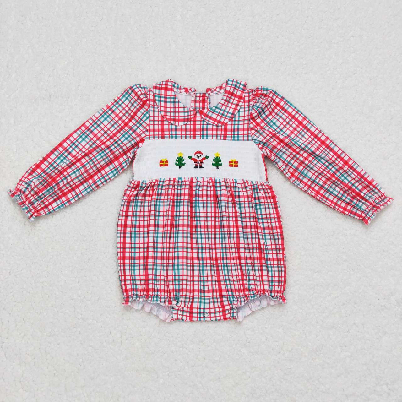 LR0571 Christmas tree long sleeve embrodiery smock pink plaid girl romper RTS 20231014