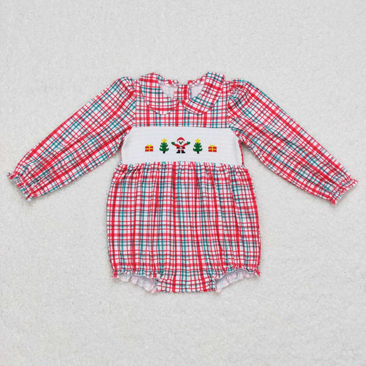 LR0571 Christmas tree long sleeve embrodiery smock pink plaid girl romper RTS 20231014