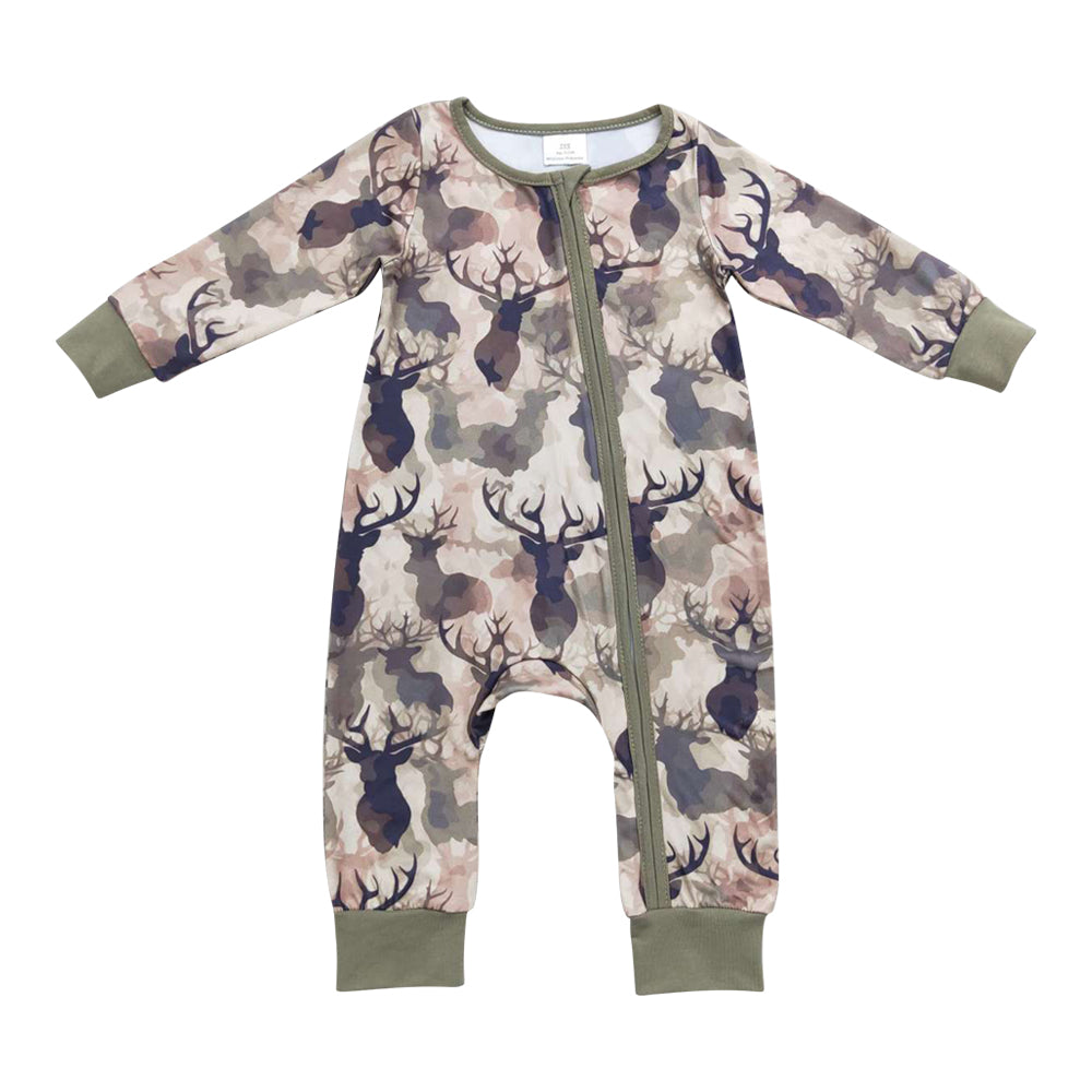 NO MOQ RTS LR0662 Baby Boy Clothes Buck Head Camo Print Long Sleeve Zipper Romper 202610