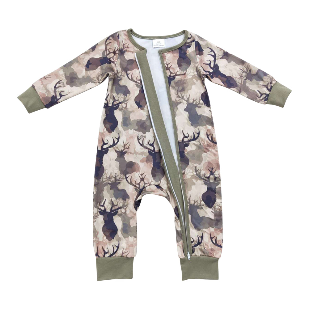 NO MOQ RTS LR0662 Baby Boy Clothes Buck Head Camo Print Long Sleeve Zipper Romper 202610