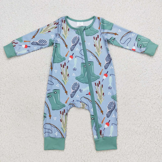 LR0664 RTS fish long sleeve zip blue boots boy romper 20231009