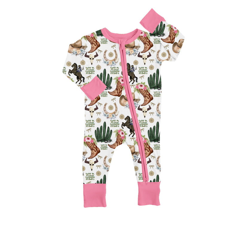 LR0677 preorder western horse long sleeve girl  zipper romper 20230831
