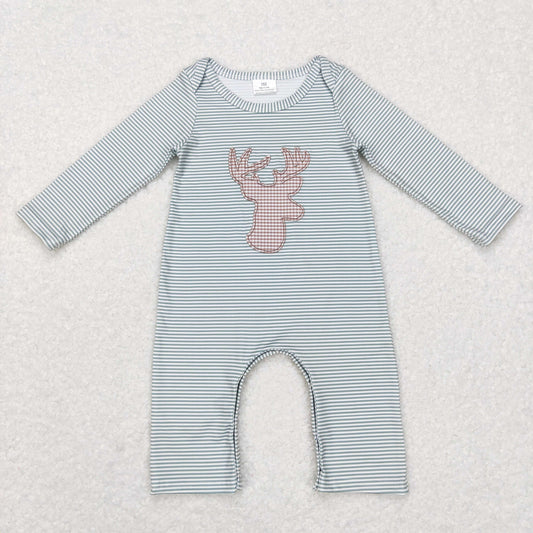 GT0339 RTS deer Embroidery green stripe long sleeve girls romper 20231121