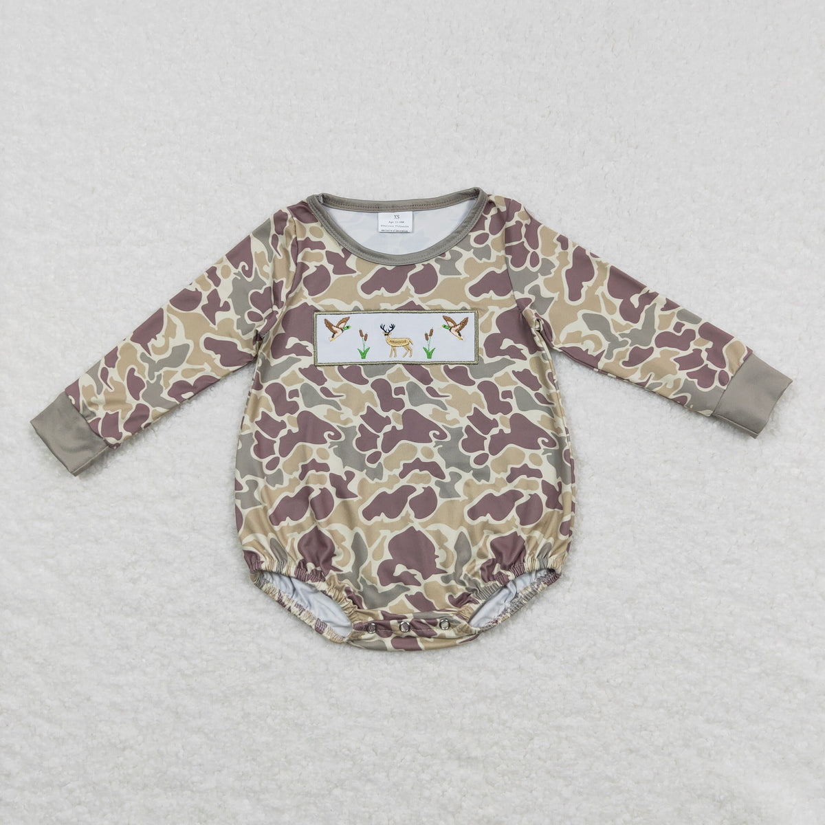 NO MOQ RTS LR0714 Baby Boy Clothes Vintage Camo Deer Duck Embroidery Print Long Sleeve Bubble Romper 202610