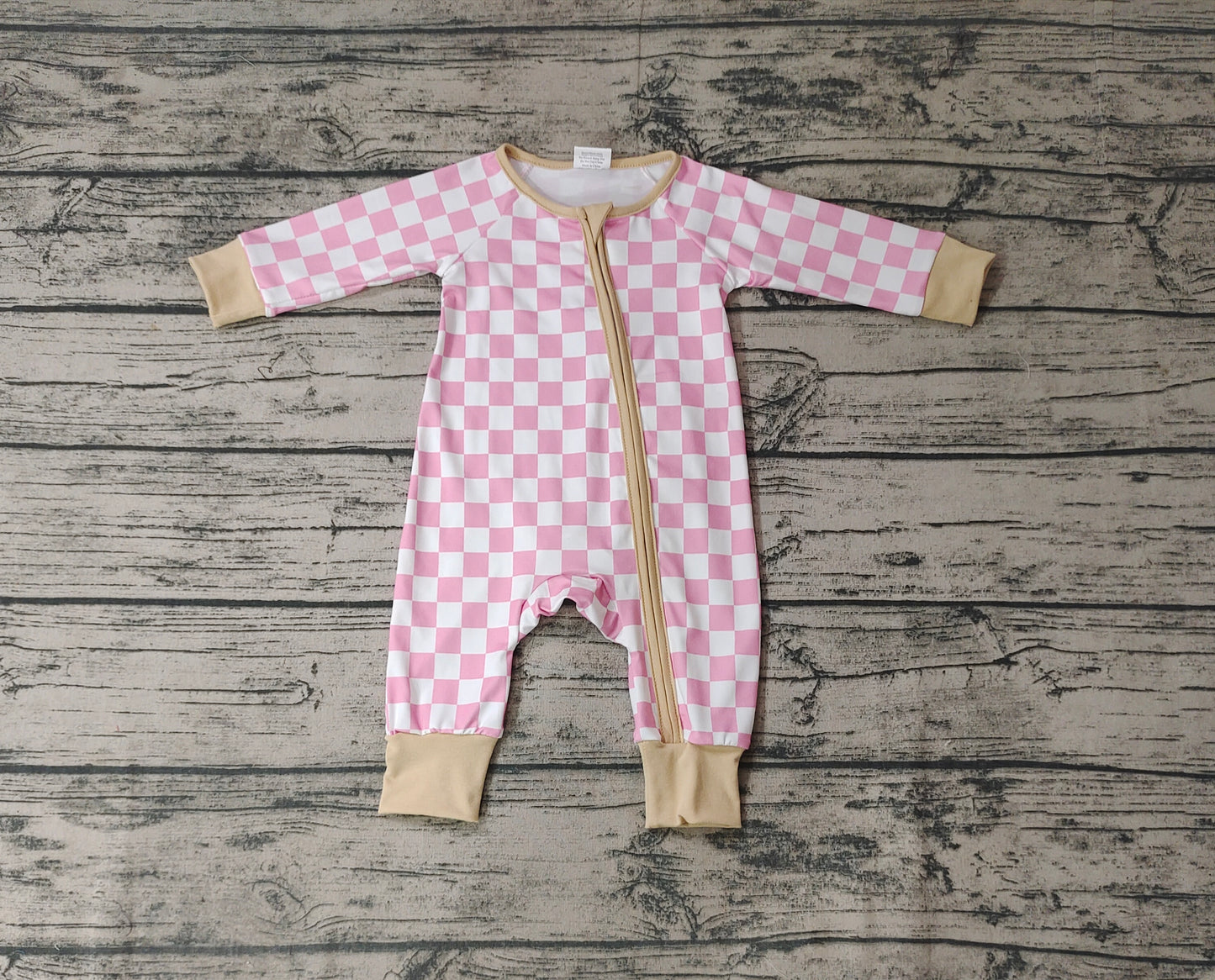 LR0731 RTS checkerboard pink long sleeve blue zip girl romper 20231010