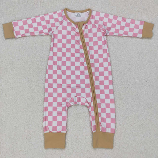 LR0731 RTS checkerboard pink long sleeve blue zip girl romper 20231010