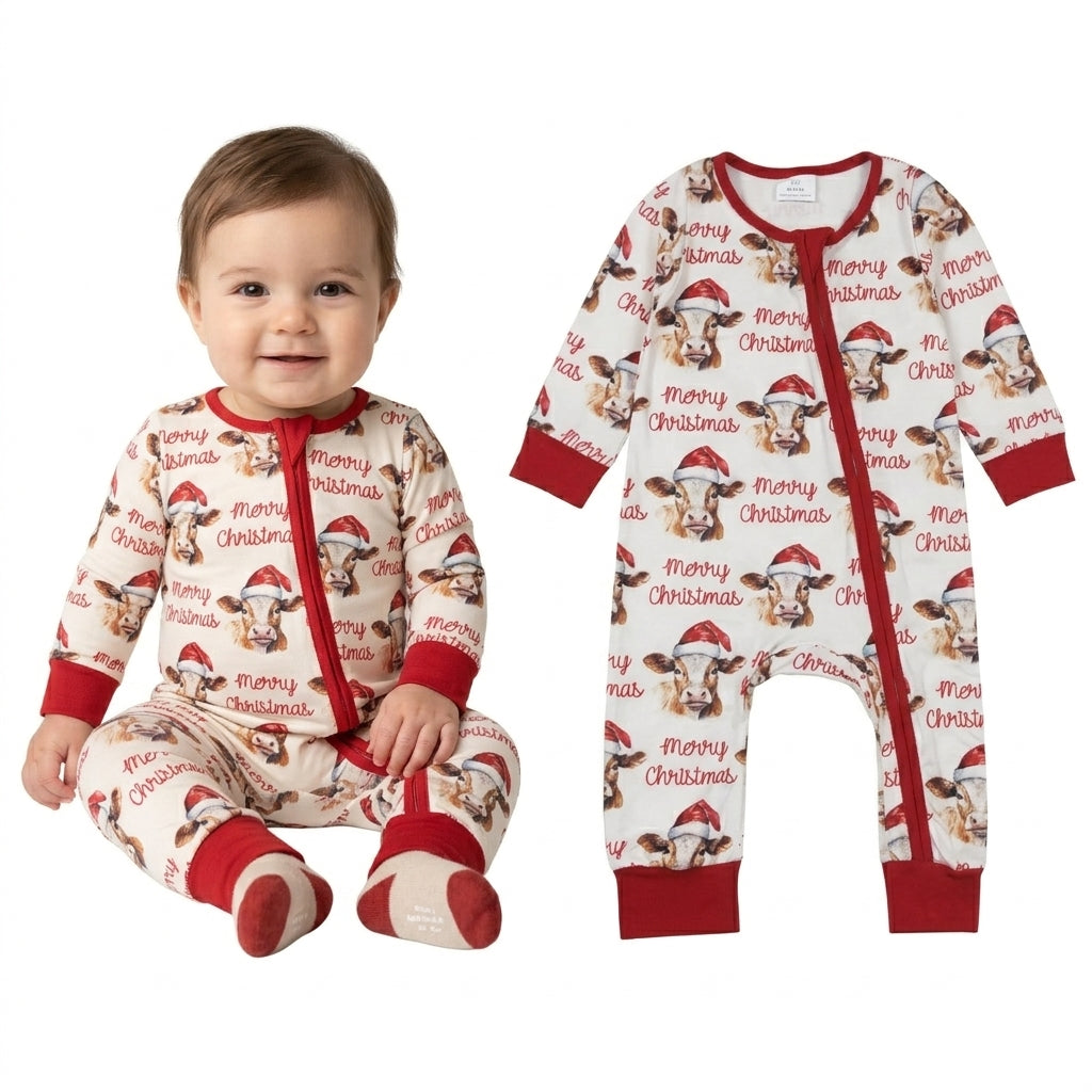 NO MOQ RTS LR0739 Baby Clothes Christmas Cow With Santa Hat Allover Print Long Sleeve Zipper Romper Jumpsuit 202610