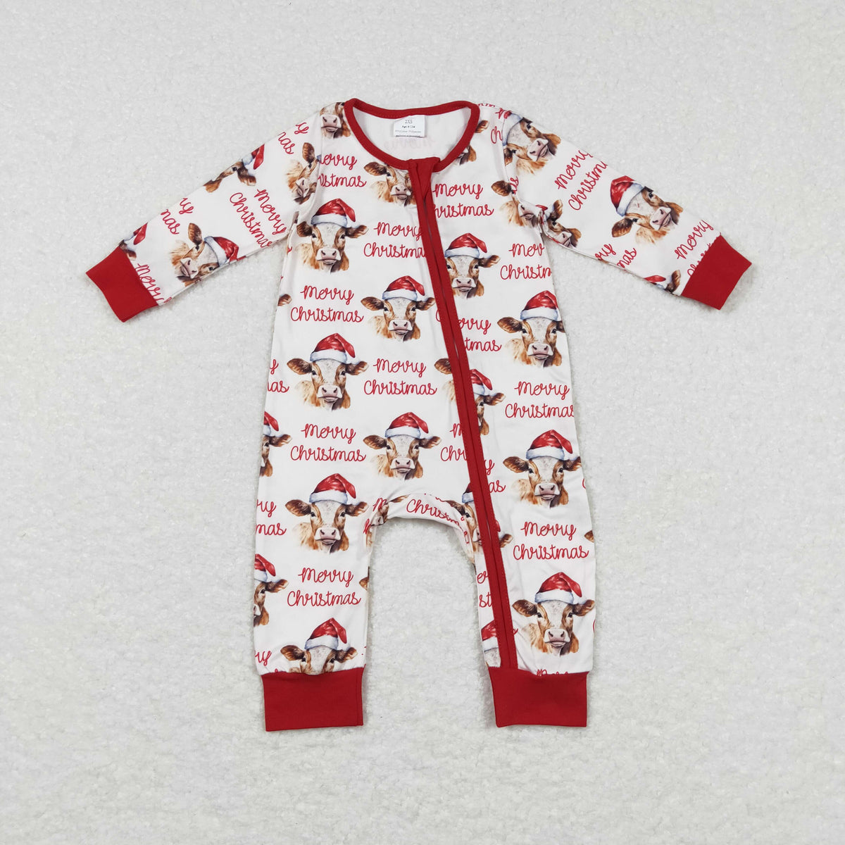 NO MOQ RTS LR0739 Baby Clothes Christmas Cow With Santa Hat Allover Print Long Sleeve Zipper Romper Jumpsuit 202610