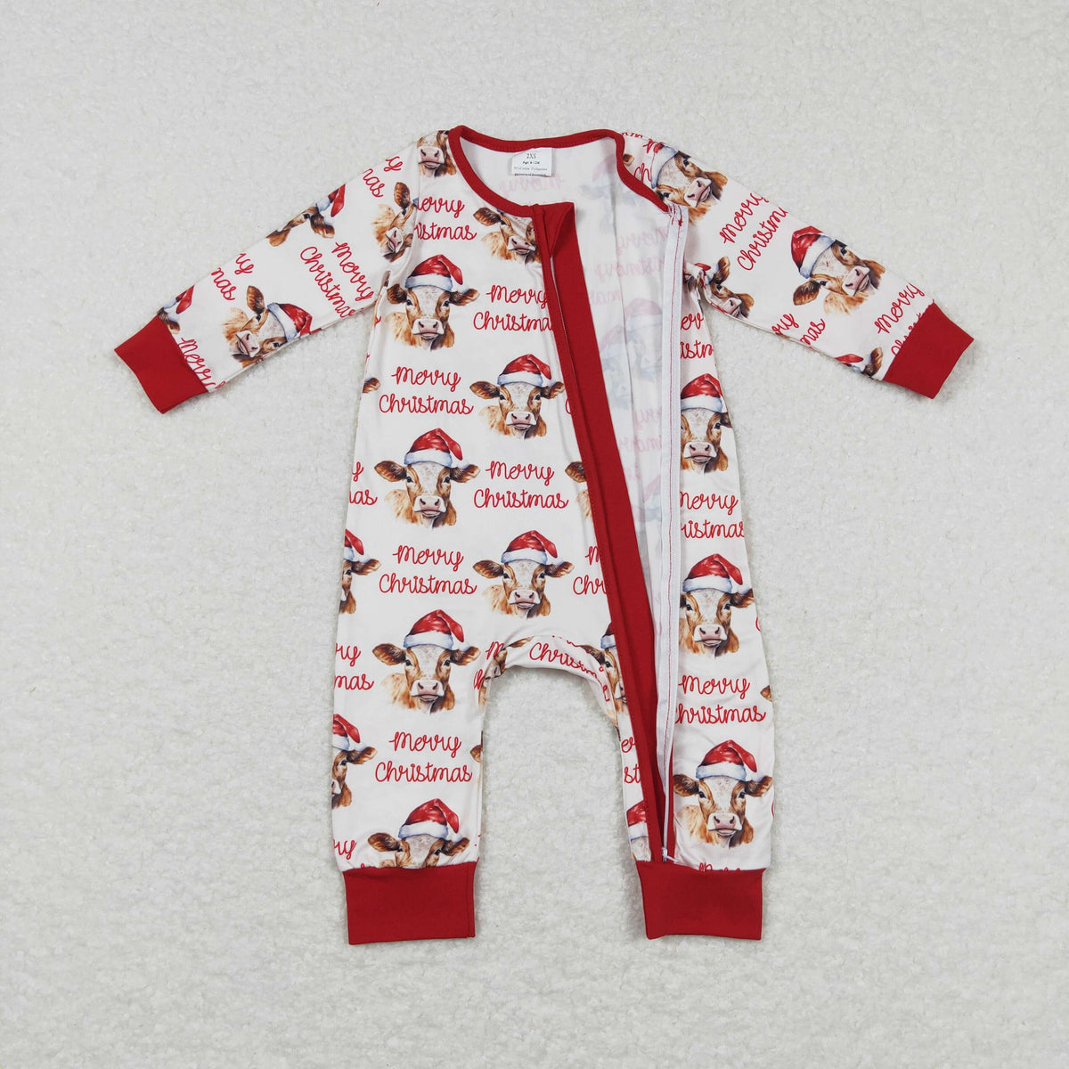 NO MOQ RTS LR0739 Baby Clothes Christmas Cow With Santa Hat Allover Print Long Sleeve Zipper Romper Jumpsuit 202610