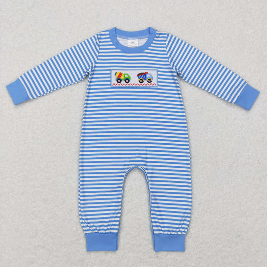 LR0750 RTS car Embroidery blue stripe long sleeve blue romper 20231121