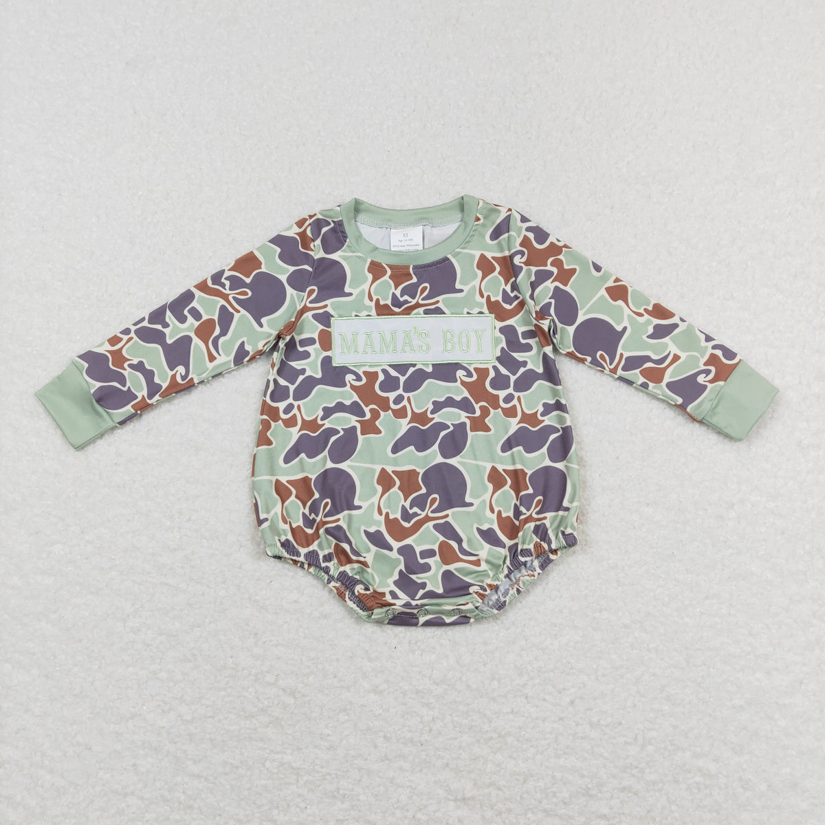 NO MOQ RTS LR0829 Baby Boy Clothes Retro Camo Mamas Boy Embroidery Print Long Sleeve Bubble Romper 202610