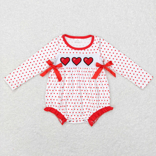 LR0835 love valentines embroidered long sleeve dots bow girl romper 20231130 RTS