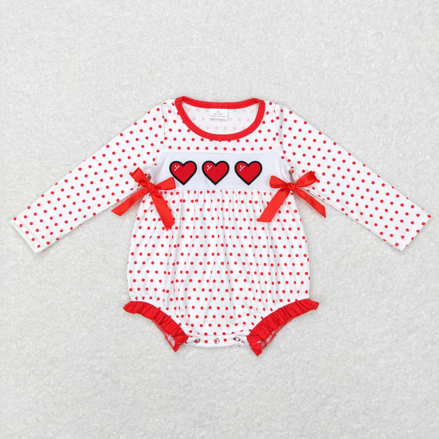 LR0835 love valentines embroidered long sleeve dots bow girl romper 20231130 RTS