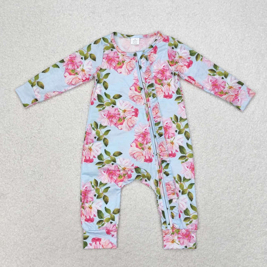 NO MOQ RTS LR0880 Bamboo Baby Girl Clothes Pink Peony Floral Print Long Sleeve Zipper Romper 202610
