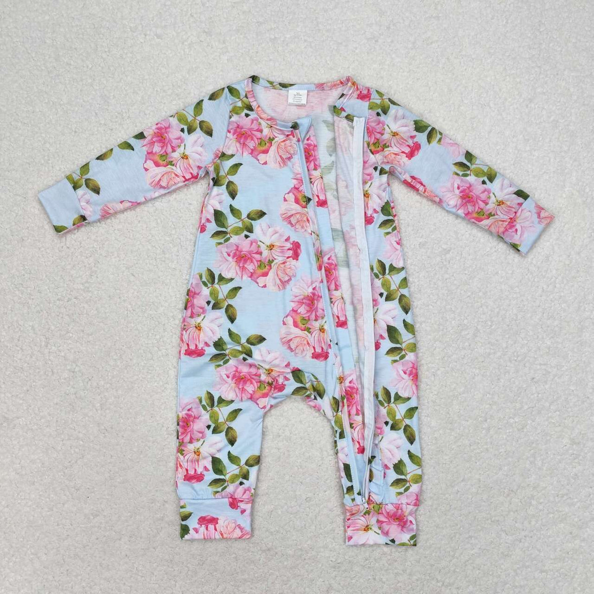 NO MOQ RTS LR0880 Bamboo Baby Girl Clothes Pink Peony Floral Print Long Sleeve Zipper Romper 202610