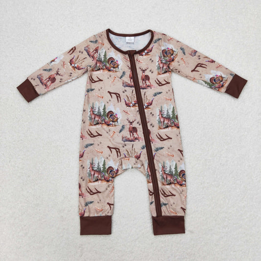 NO MOQ RTS LR1014 BambooBaby Boy Clothes Wild Hunting Animal Scene Print Long Sleeve Zipper Romper 202610