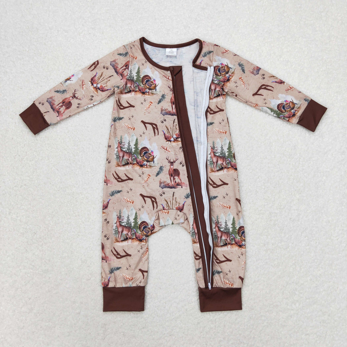 NO MOQ RTS LR1014 BambooBaby Boy Clothes Wild Hunting Animal Scene Print Long Sleeve Zipper Romper 202610
