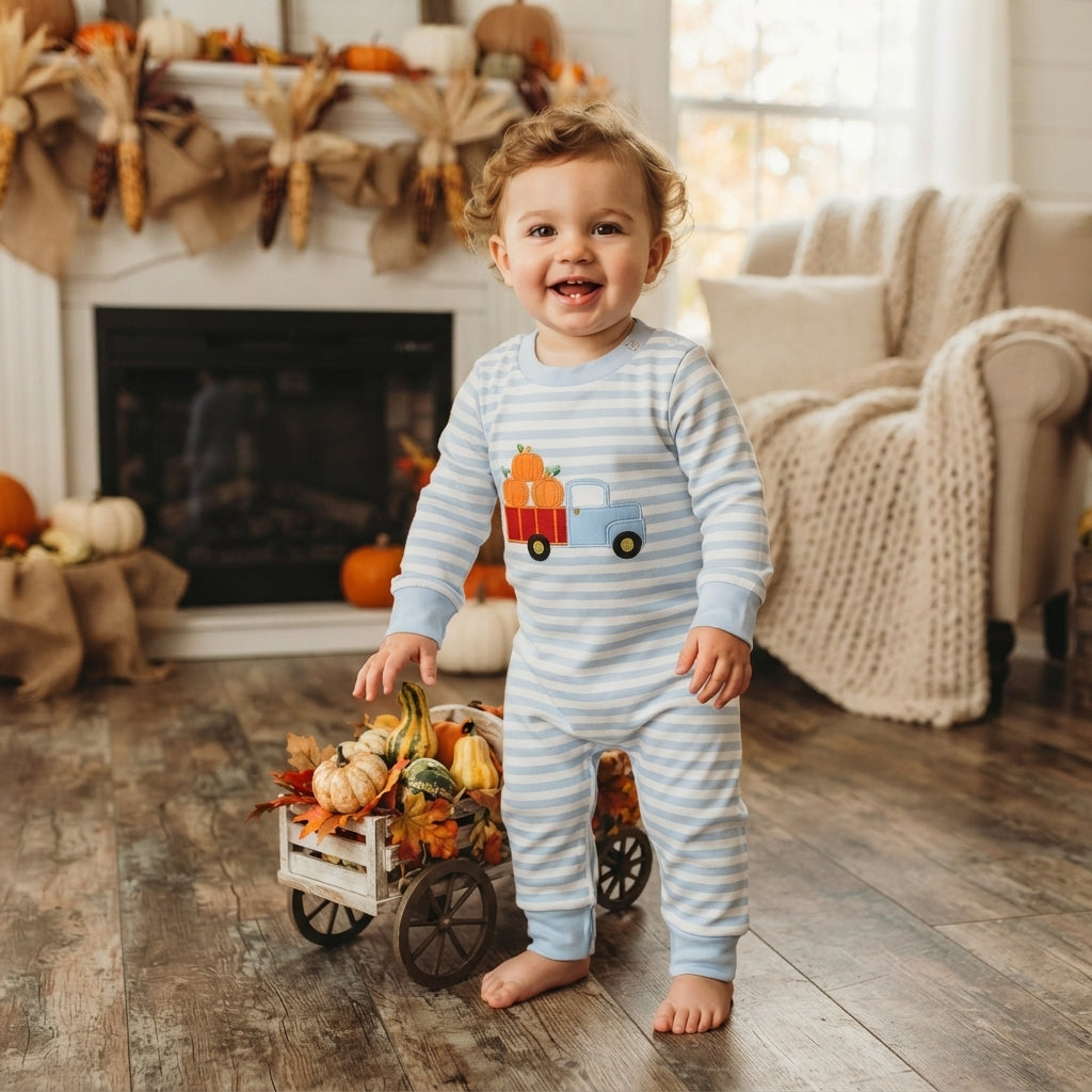 NO MOQ RTS LR1023-embroidery (2) Baby Boy Clothes Pumpkin Truck Applique Striped Print Long Sleeve Romper 202609