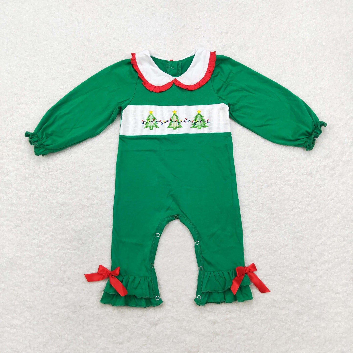 LR1119 Embroidery Christmas green tree girl romper 202408 sibling RTS