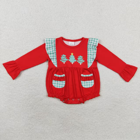 RTS Christmas tree plaid pockets LR1161  girl romper 202407  sibling