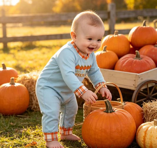 NO MOQ RTS LR1189 Baby Boy Clothes Pumpkin Letter Plaid Cuff Mixed Print Long Sleeve Romper 202609