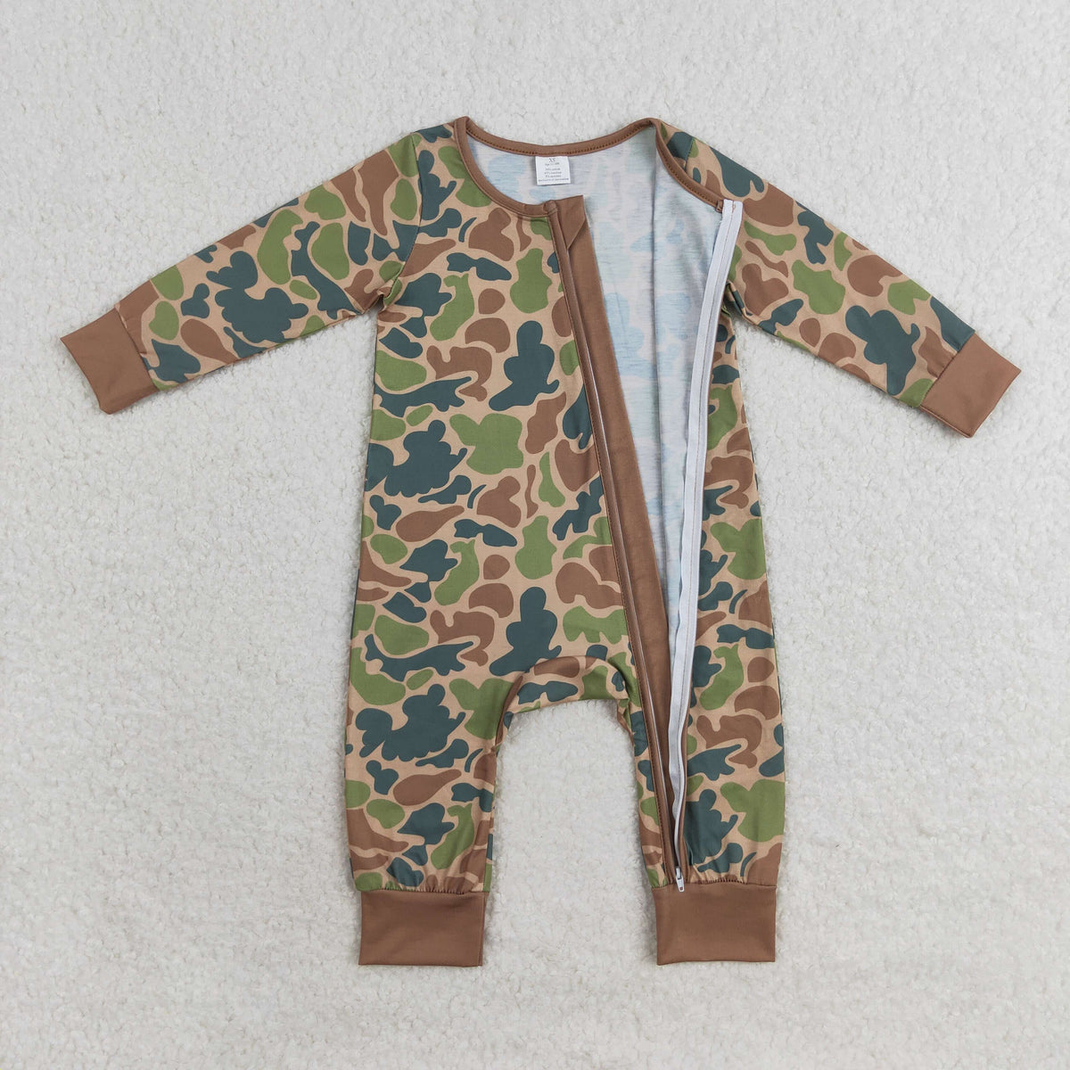NO MOQ RTS LR1203 Baby Boy Clothes Retro Green Brown Camo Print Long Sleeve Zipper Romper 202610
