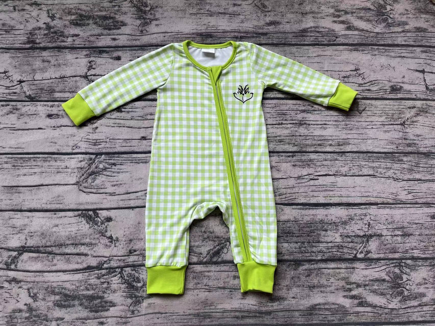 Bamboo Christmas grinch green checkerboard sibling LR1251 girl romper 202408