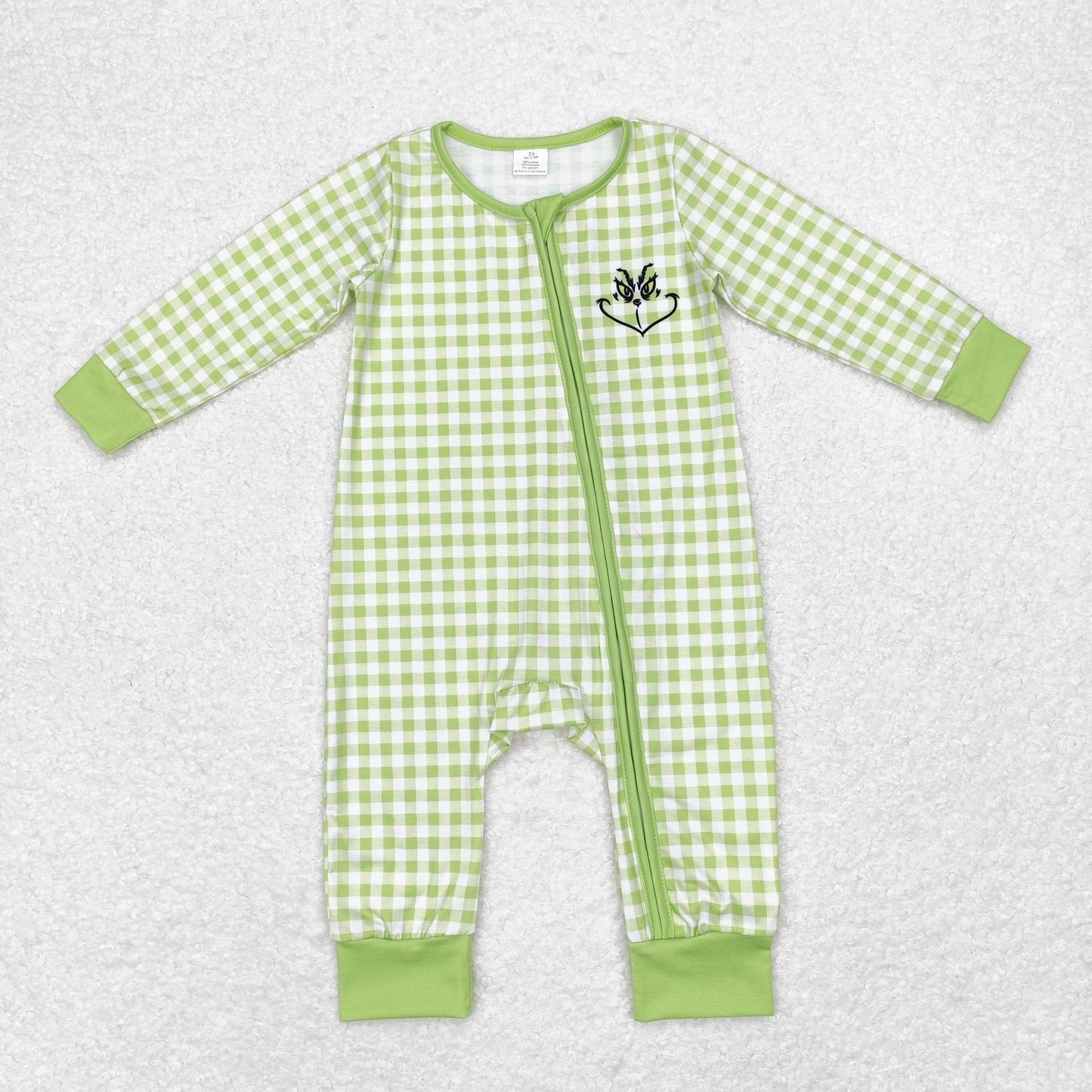 Bamboo Christmas grinch green checkerboard sibling LR1251 girl romper 202408