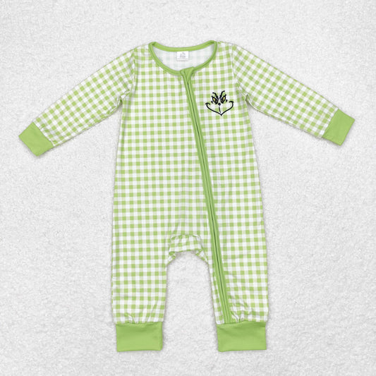 Bamboo Christmas grinch green checkerboard sibling LR1251 girl romper 202408