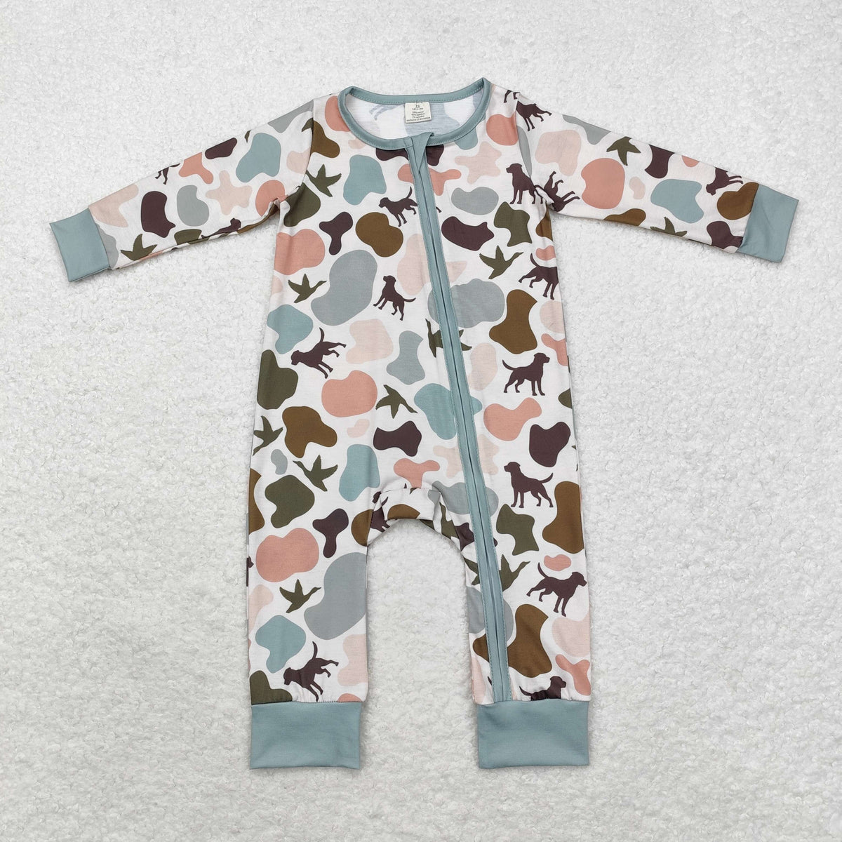 NO MOQ RTS LR1387 Baby Boy Clothes Hunting Dog Duck Silhouette Camo Print Long Sleeve Zipper Romper 202610