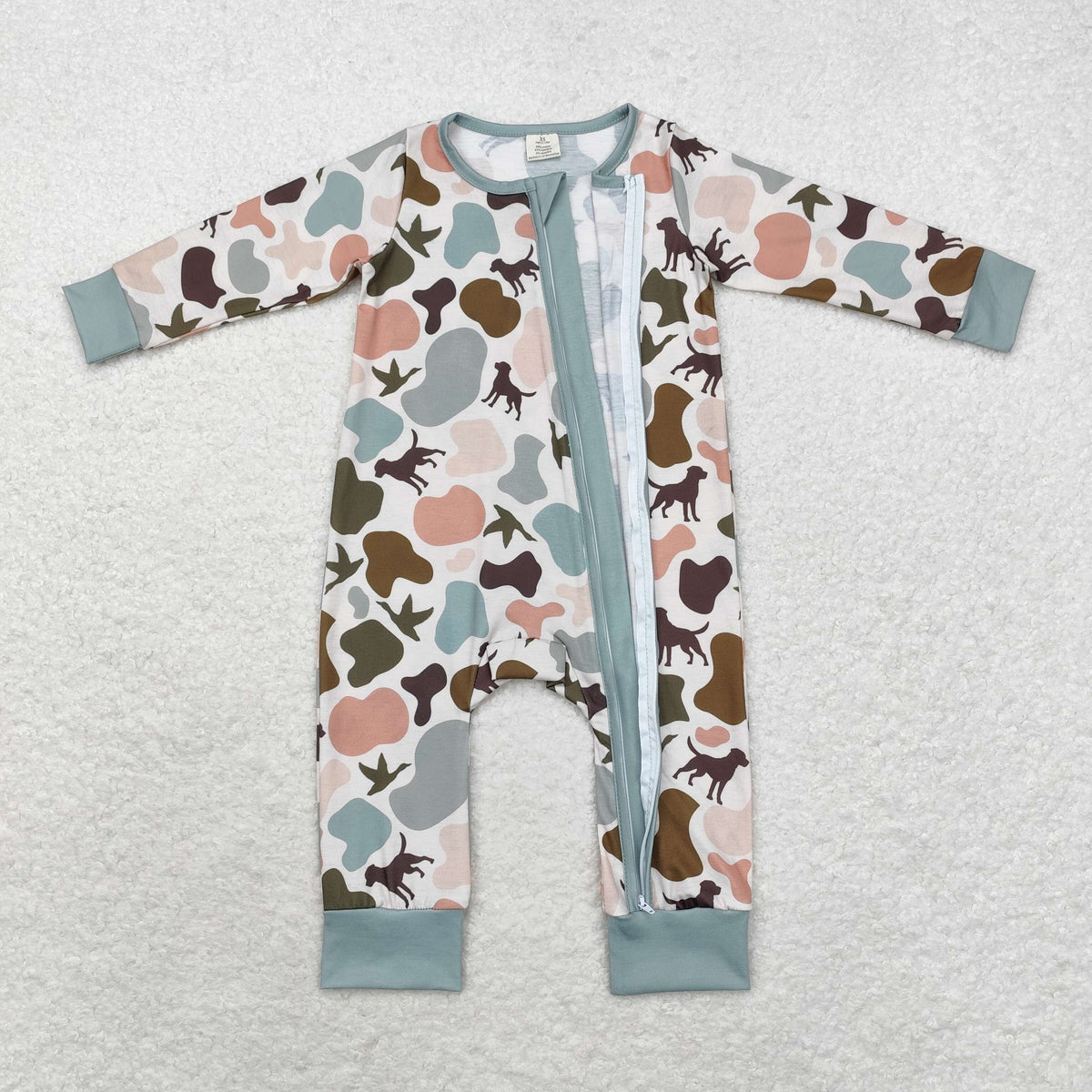 NO MOQ RTS LR1387 Baby Boy Clothes Hunting Dog Duck Silhouette Camo Print Long Sleeve Zipper Romper 202610
