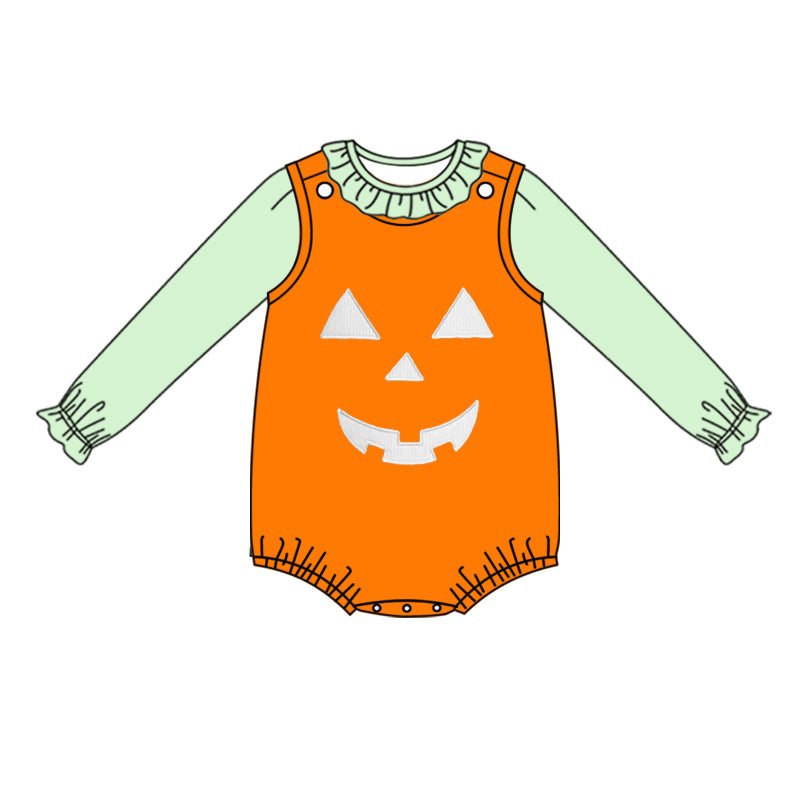 LR1390 embroidery Halloween light green smile  LR1390 romper girl top and romper outfit set 202406 preorder sibling