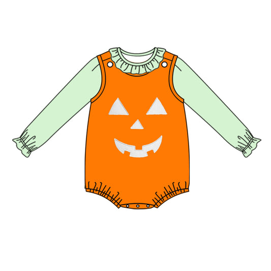 LR1390 embroidery Halloween light green smile  LR1390 romper girl top and romper outfit set 202406 preorder sibling