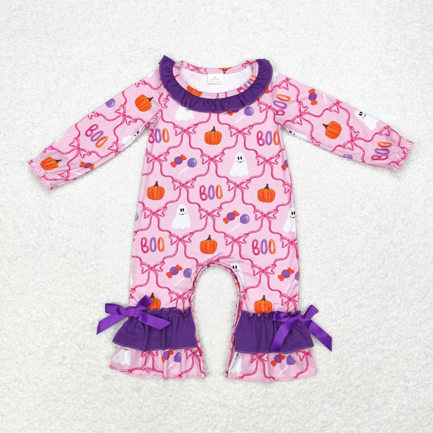 Halloween pumpkin boo purple sibling LR1411 girl romper 202408 RTS