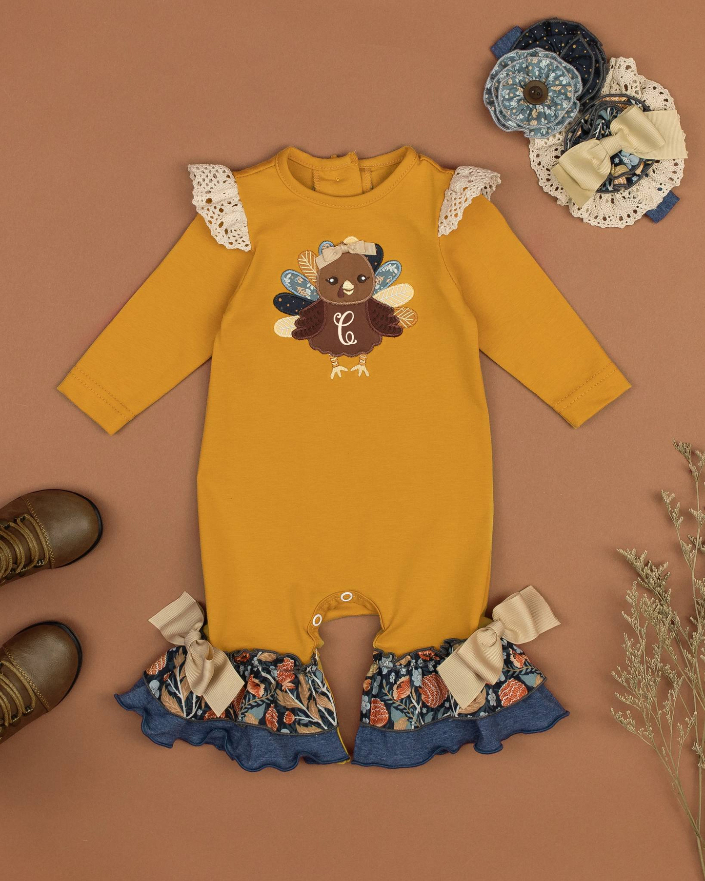 Embroidery Thanksgiving turkey sibling LR1423 girl romper 202409 RTS