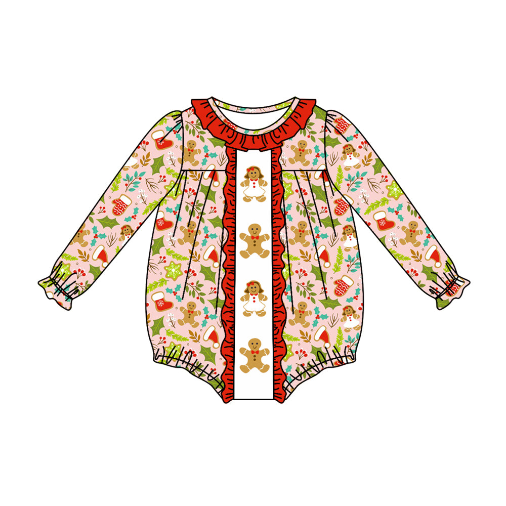 Christmas gingerbread leaves sibling LR1427 boy romper 202407 preorder