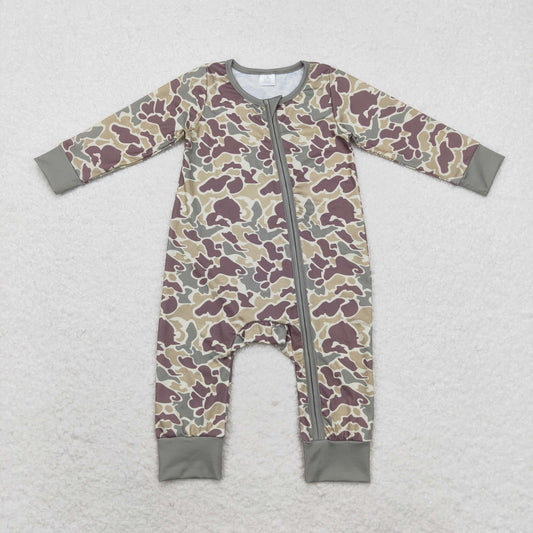 NO MOQ RTS LR1451 Baby Boy Clothes Mauve Vintage Camo Print Long Sleeve Zipper Romper 202610