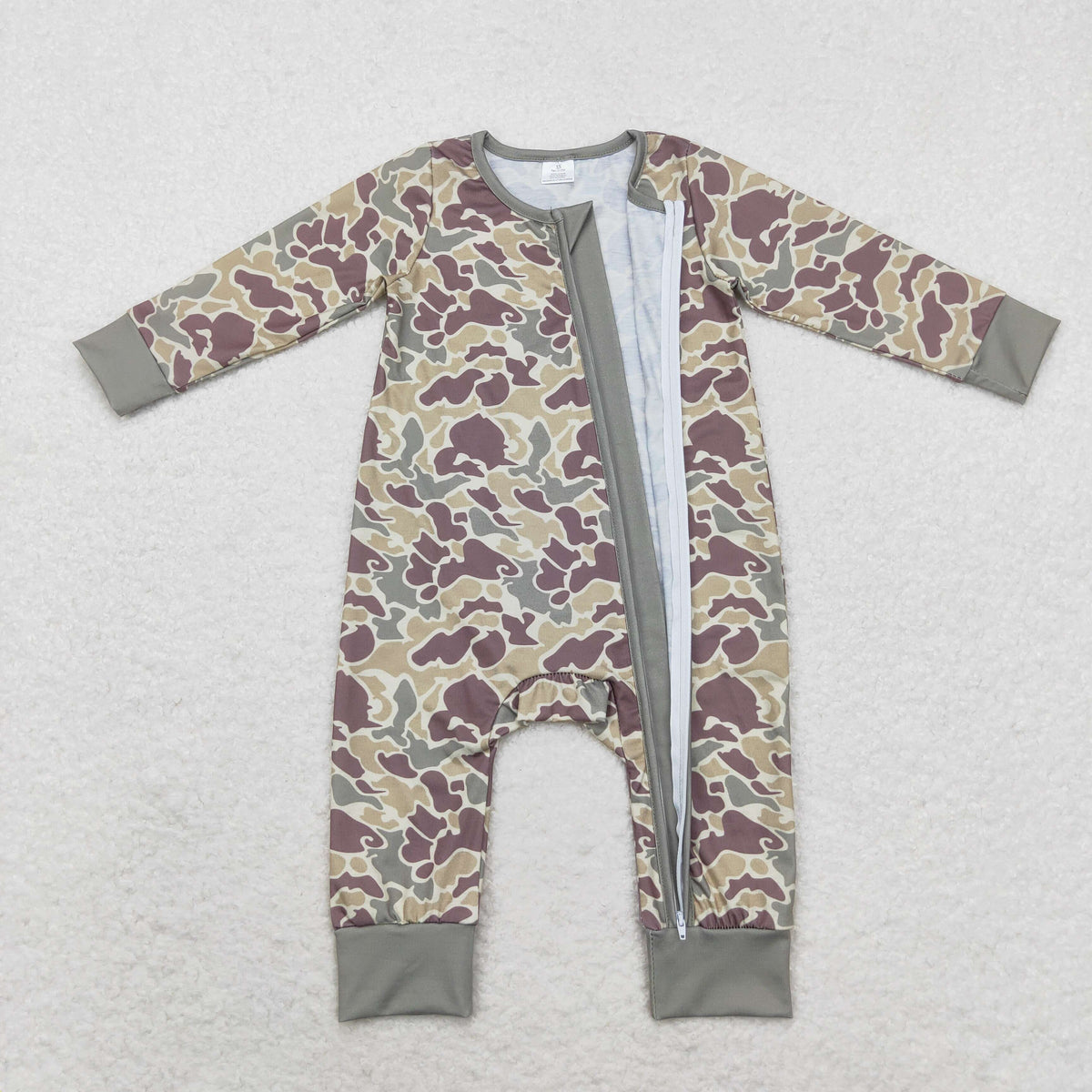 NO MOQ RTS LR1451 Baby Boy Clothes Mauve Vintage Camo Print Long Sleeve Zipper Romper 202610