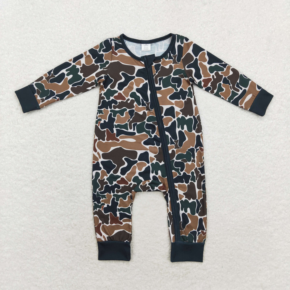 NO MOQ RTS LR1453 Baby Boy Clothes Classic Dark Green Brown Camo Print Long Sleeve Zipper Romper 202610