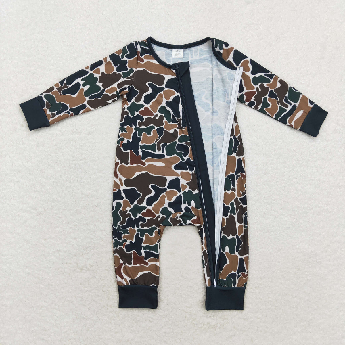 NO MOQ RTS LR1453 Baby Boy Clothes Classic Dark Green Brown Camo Print Long Sleeve Zipper Romper 202610
