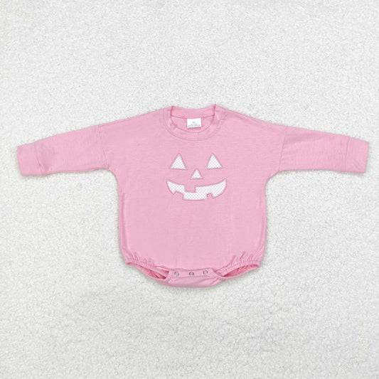 LR1573 embroidery pink smile pumpkin face sibling girl romper 202410 RTS