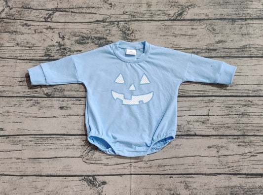 LR1575 embroidery blue smile pumpkin face sibling boy romper 202409 preorder