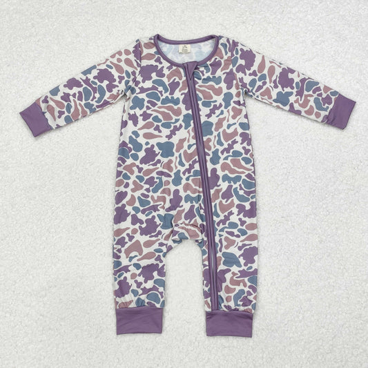 NO MOQ RTS LR1604 Baby Girl Clothes Dusty Purple Pink Camo Print Long Sleeve Zipper Romper 202610