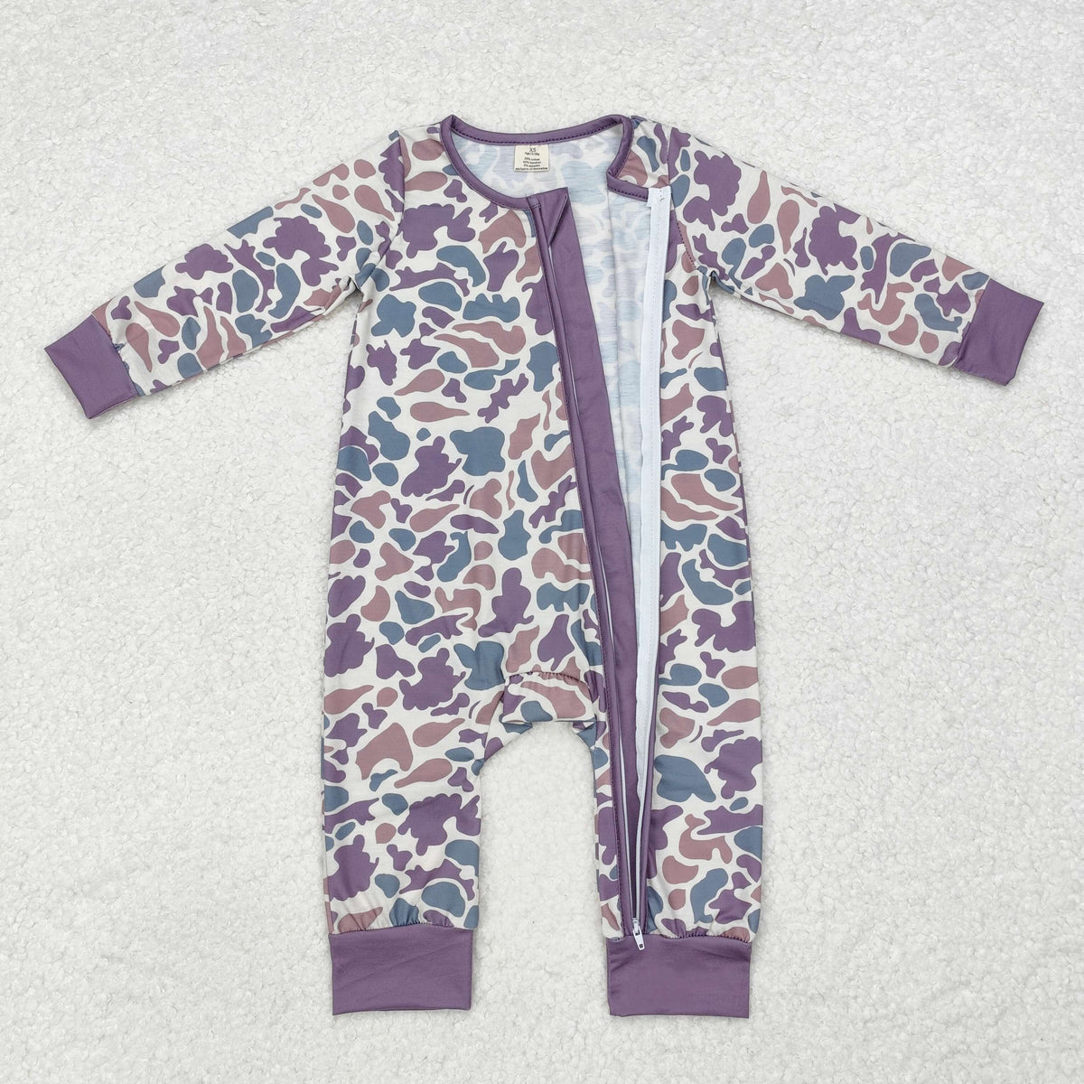 NO MOQ RTS LR1604 Baby Girl Clothes Dusty Purple Pink Camo Print Long Sleeve Zipper Romper 202610
