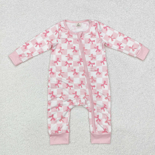 LR1607 Bamboo bow pink sibling girl romper 202411 RTS