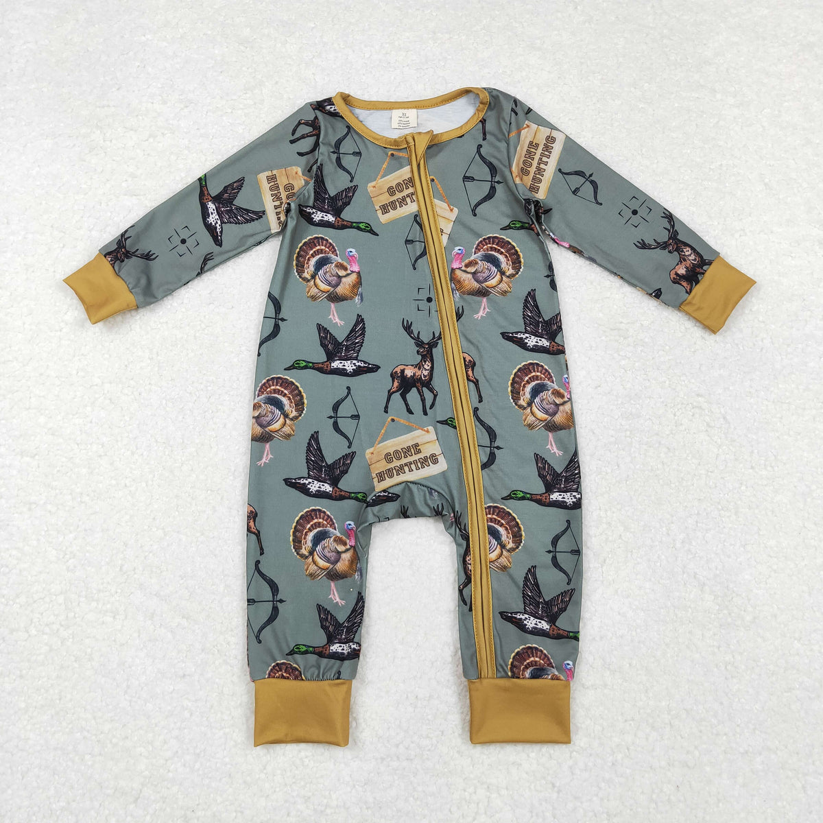NO MOQ RTS LR1680 Baby Boy Clothes Gone Hunting Duck Turkey Print Long Sleeve Zipper Romper 202610
