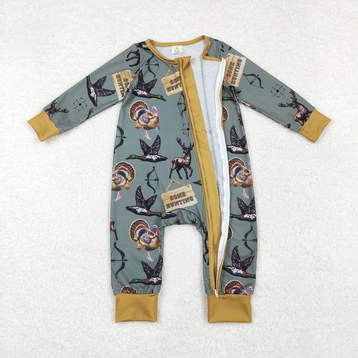 NO MOQ RTS LR1680 Baby Boy Clothes Gone Hunting Duck Turkey Print Long Sleeve Zipper Romper 202610