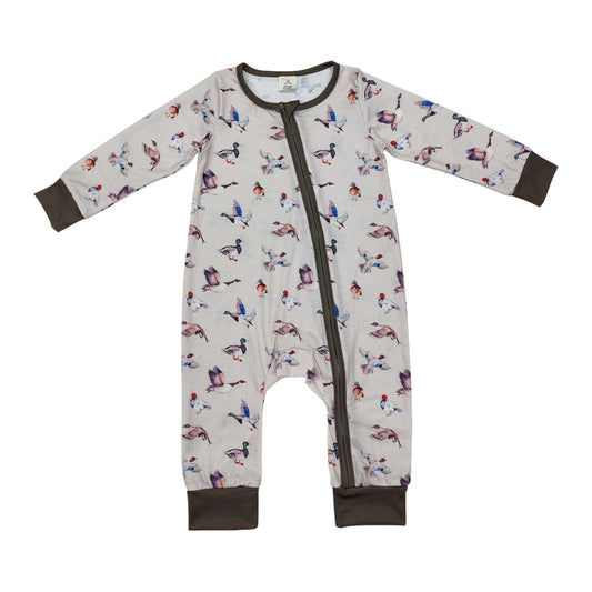 NO MOQ RTS LR1880 Baby Boy Clothes Mallard Duck Watercolor Print Long Sleeve Zipper Romper 202610