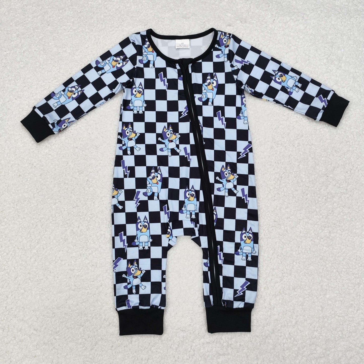 LR1910 cartoon blue dog checkerboard long sleeve girl romper 202410 RTS